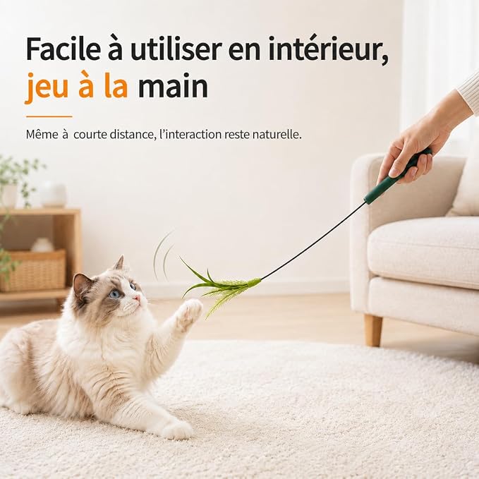 Mini Cat Wand Toy Set - Fast Motion Interactive Cat Teaser, Small Feather & Flowing Feather Tips, Flexible Wire Wand for Indoor Cats, Close-Range Play, 2 Pack