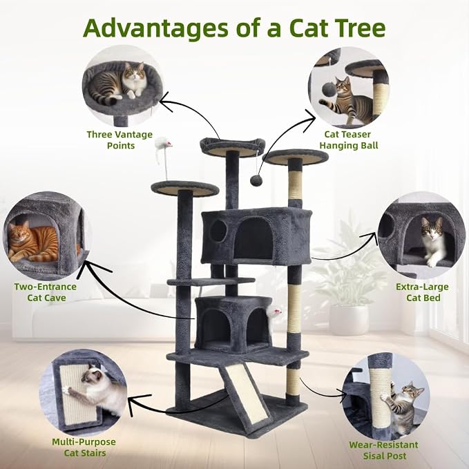 53in Cat Tree House with Scratching Post & 2 Caves for Indoor Cats