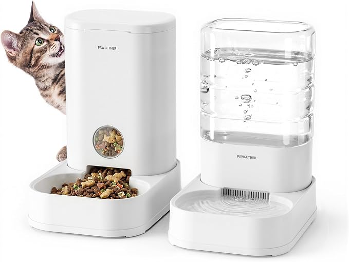 PAWGETHER® 2 Pack Gravity Cat Feeder and Water Dispenser No-Electricity 1 Gallon/3.5L Automatic Cat Feeder and Waterer Dog Water Bowl Dispenser Pet Food Dispenser Puppy Kitten Rabbits