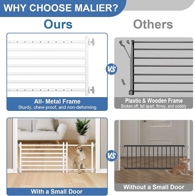 Malier Indoor Dog Gate with Door, 26-41" Extra Wide Full Metal Pet Gate Short Dog Gate for Stairs, Pressure Mount 14'' Tall Small Puppy Low Gate Easy Step Over for Doorways
