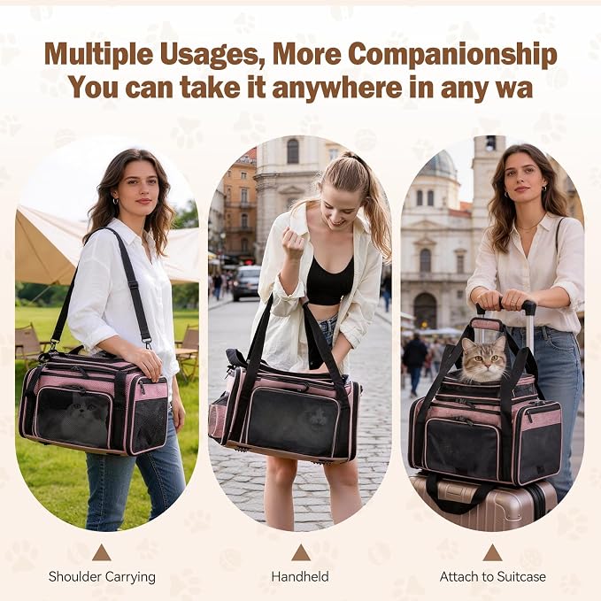 Cat Carrier Soft Sided, Expandable Pet Carrier for Medium Small Pets, Collapsible Travel Carrier with Hard Shell, 360° Panoramic Mesh, Washable Waterproof Pad | – 17.3×13.8×9.4 (Pink)