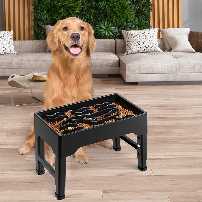 9 Cups Elevated Slow Feeder Dog Bowls 4 Adjustable Heights, Black | Raised Dog Slow Feeder Bowls, Dog Food Bowl Stand, Non Slip Anti Gulping Slow Eating Dog Bowl for Medium & Large Dogs