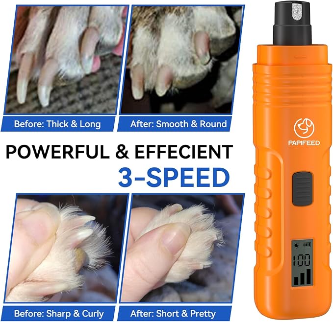 PAPIFFEED Dog Nail Grinder with LCD Display – Quiet Electric Nail Trimmer with Dual LED Light, Safe for Black & Thick Nails, Rechargeable for Small Medium Large Dogs & Cats (Orange)