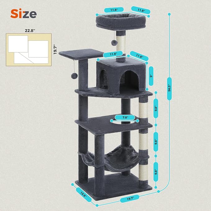 PEQULTI 56.3'' Cat Tree for Indoor Cats, Multi-Level Cat Tower with 2 Top Perch, Cat Condo, Hammock and Sisal-Covered Scratching Post, Smoky Grey