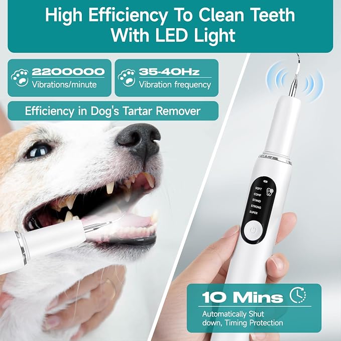 Dog Teeth Cleaning Kit Dog Plaque and Tartar Remover with LED Light 5 Adjustable Modes Electric Toothbrush Pet Teeth Cleaner for Dogs and Cats (White and Blue Finger Cots)
