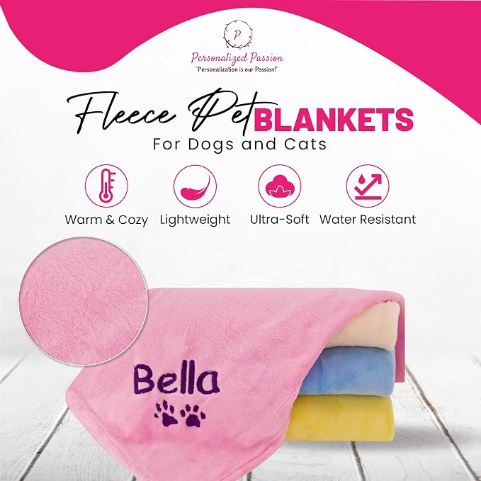 Personalized Passion Dog Blanket with Embroidered Name and Paws - Soft, Comfortable and Cozy for Couch, Bed, Car - Water Resistant Pet Fleece Blanket for Dogs and Cats - Pink - 28x40 Inches