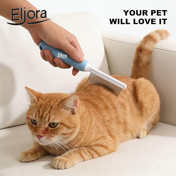 Pet Grooming & Dematting Comb – Stainless Steel Teeth, Non-Slip Grip, Removes Mats & Tangles, Gentle Deshedding Tool for Long & Short Hair Dogs & Cats
