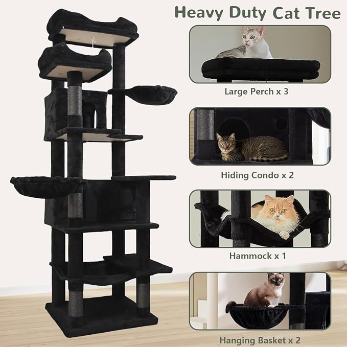 68 Inches Multi-Level Large and Tall Cat Tree Tower for Indoor Cats/Removable Pad/Cat Condo/Sisal Scratching Posts/Hammock/Cat Activity Center/Wide Base Black