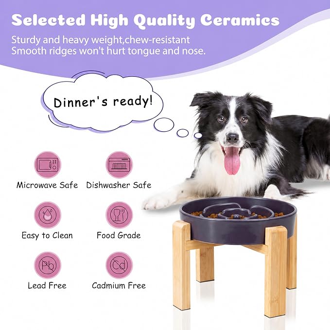 Elevated Slow Feeder Dog Bowl Large Breed, 8.8 Inch Ceramic Slow Eating Bowl with Bamboo Stand, Anti-Choking Raised Maze Design for Medium to Large Dogs, 3.2 Cup, Purple