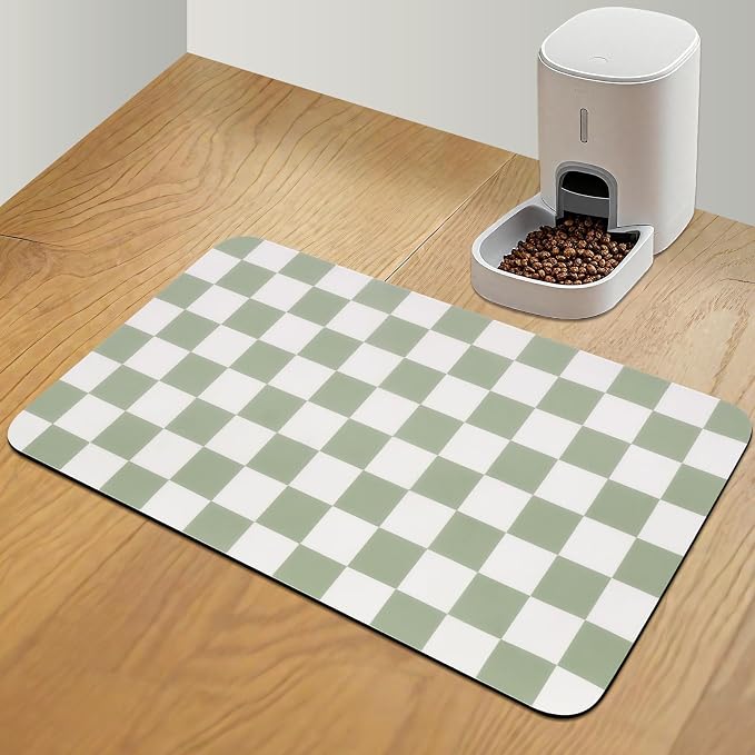 CooRug Checkered Dog Food Mat, Pet Feeding Mat 24" L x 16" W, Green | Absorbent, Leak-Proof, Anti-slip, Quick Dry, Eco-friendly Materials, Easy to clean and store, For Messy Drinkers