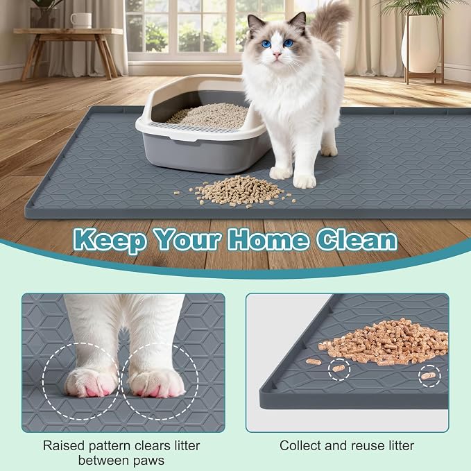 Cat Litter Mat Litter Trapping Mat, Silicone Cat Litter Box Mats for Floor, Non-Slip Litterbox Mat with Raised Edge, Easy Clean Pet Feeding Mat for Indoor Cats 34" X 22" Gray