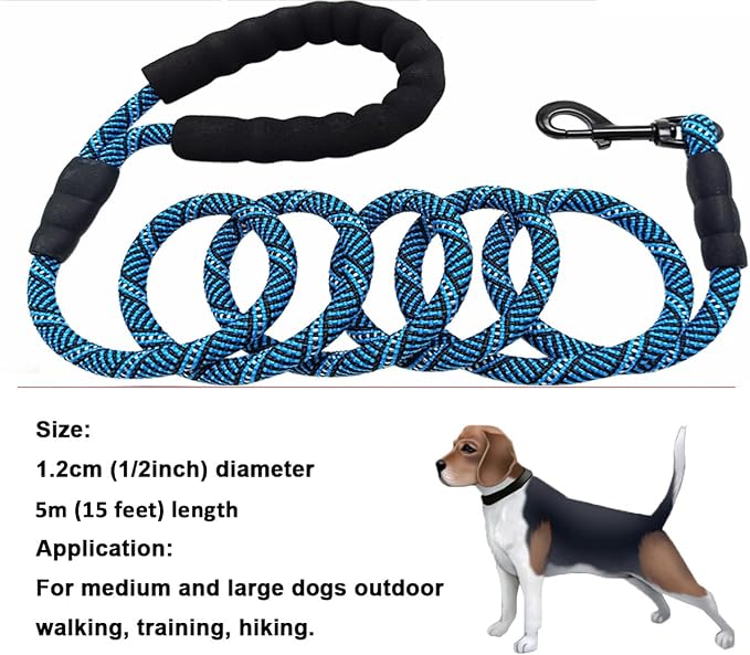 MayPaw Heavy Duty Rope Dog Leash, 3/6/8/10/12/15/20/30 FT Long Dog Lead Nylon Pet Leash, Soft Padded Handle Thick Lead Training Leashes for Large Medium Dogs (15ft * 1/2", Blue Black)