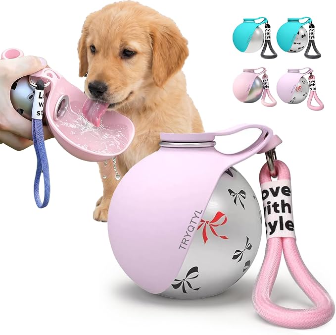 Dog Water Bottle, 10oz Stainless Steel Portable Dog Water Bottle with Foldable Silicone Bowl, 2-in-1 Portable Dog Water Bowl for Water & Food, Water Dispenser for Dogs Walking (Pink Printed)
