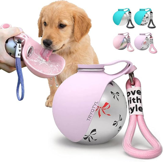Dog Water Bottle, 10oz Stainless Steel Portable Dog Water Bottle with Foldable Silicone Bowl, 2-in-1 Portable Dog Water Bowl for Water & Food, Water Dispenser for Dogs Walking (Pink Printed)