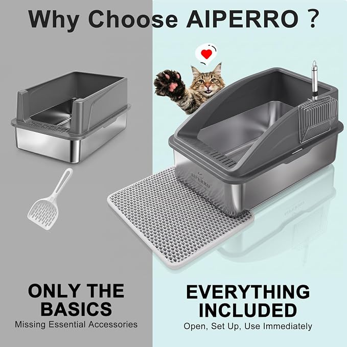 AIPERRO Stainless Steel Litter Box | XL Metal Cat Litter Boxs with Lid | Enclosed High Sided for Big Cats | Anti-Urine Leakage | Non-Stick & Easy to Clean with Litter Mat & Metal Scoop (Dark Gray)