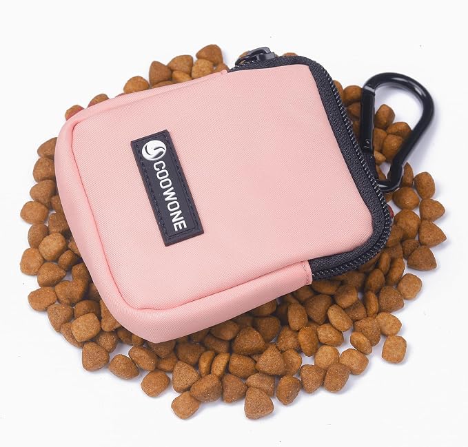 Dog Treat Pouch Pocket Sized Pet Puppy Training Pouch for Dog Training Behavior Aids, Waterproof Nylon Fabric Dog Poop Bag Holder, Hands Free Dog Walking Bag with Metal Carabiner (Pink)