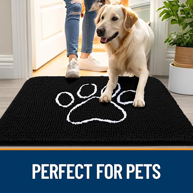 OLANLY Dog Door Mat for Muddy Paws 70x46, Paw Print Design Chenille Mud Mat | Black, Absorbent, Traps Moisture and Dirt, Non-Slip Washable Doormat, Quick-Drying Indoor Entryway Floor Carpet for Dogs