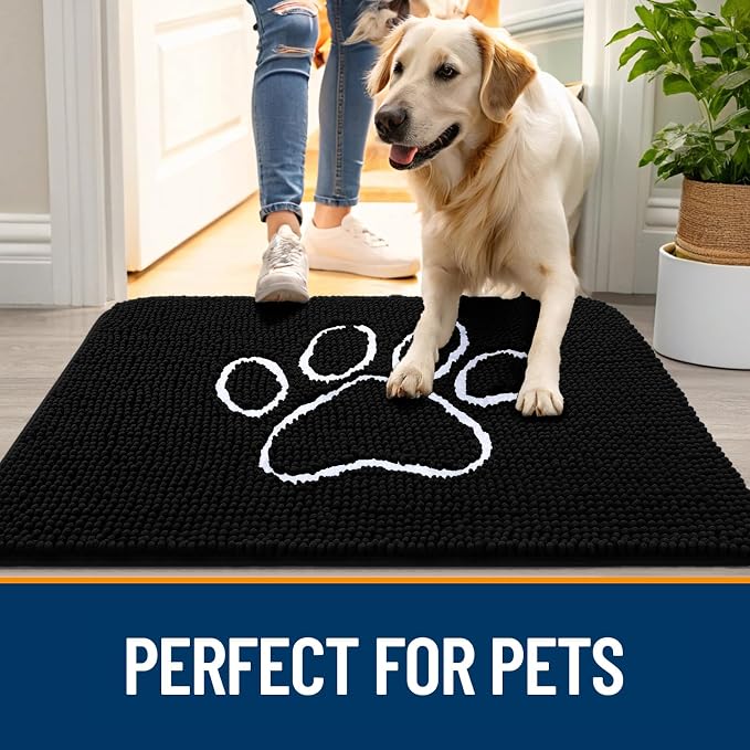OLANLY Dog Door Mat for Muddy Paws 32x20, Paw Print Design Chenille Mud Mat | Black, Absorbent, Traps Moisture and Dirt, Non-Slip Washable Doormat, Quick-Drying Indoor Entryway Floor Carpet for Dogs