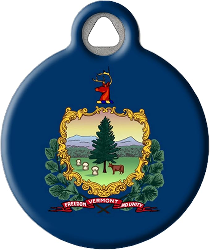 Vermont Flag Personalized Pet ID Tag for Dogs and Cats, Silent Polymer Coated Stainless Steel Vermonter Flag Nametag with Customized Identification Information - Small .875" Diameter