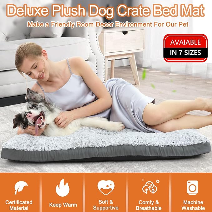 POCBLUE Deluxe Washable XL Dog Bed Dog Crate Mat 41 inch Comfy Fluffy Kennel Pad Anti-Slip for Dogs Up to 90 lbs, 41" x 27", Grey (Pack of 2)