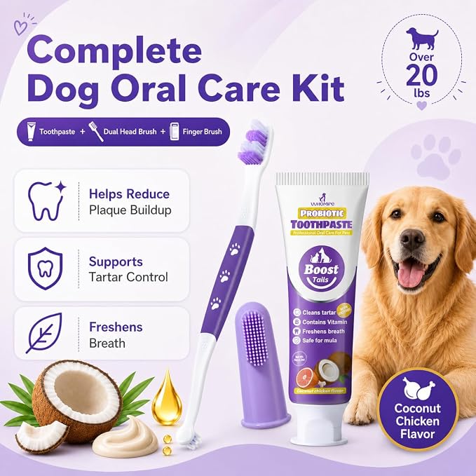 Dog Toothbrush Kit, 2.5oz Toothpaste, Dual-Head & Finger Brush | Gentle Dog Care. For Dogs Over 20 lb. Soft Brush Comfort. Coconut Chicken Flavor. Easy Daily Routine.