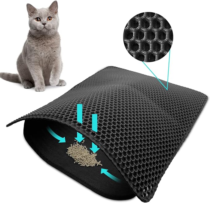 Cat Litter Mat 24 x 18 Inch, Double-Layer Honeycomb Litter Trapping Mat with Waterproof Leatherette Bottom, Urine-Resistant, Non-Slip, Easy to Clean, （Black）