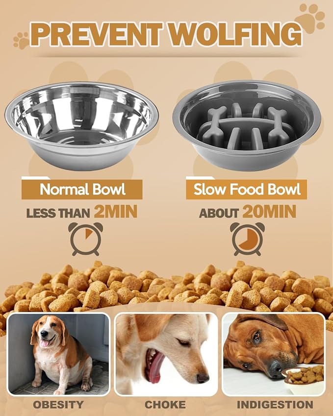 Jovrun Elevated Dog Bowls for Medium Large Dogs with Mat, Non-Slip Dog Feeder with 1*Stainless Steel Dishes & 1*Slow Feeder Bowl, 5 Heights Adjustable Raised Bowls for 3.15″-8.66″-9.84″-11.02″-12.2″