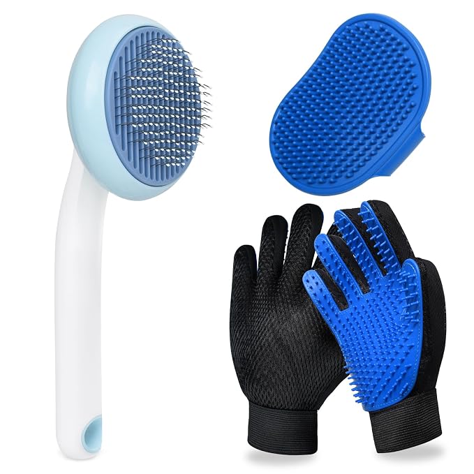 Cat Grooming Glove Brush, Self-Cleaning Slicker Pet Brush | Dog Bath Brush for Shedding and Grooming, Removes Loose Hair and Tangles for Short and Long Haired Pets, Blue