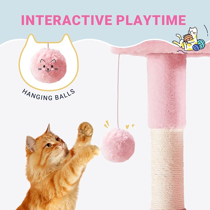 Allewie 29.5in Indoor Cat Tree, Multi-Level Cat Tower with Sisal Scratching Posts, Padded Perch, Basket, Condo, and Hanging Ball, Suitable for Kittens and Adult Felines, Pink