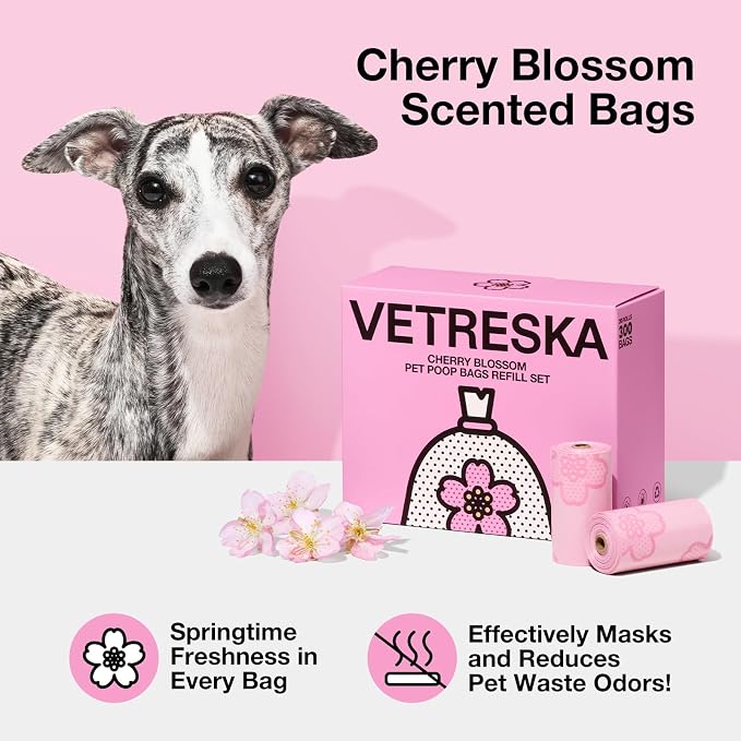 VETRESKA Cherry Blossom Scented Dog Poop Bags, Leak Proof, Extra Thick and Large Pet Waste Bags for Dog Walking and Cat Litter, 20 Refill Rolls, 300 Bags, Pink