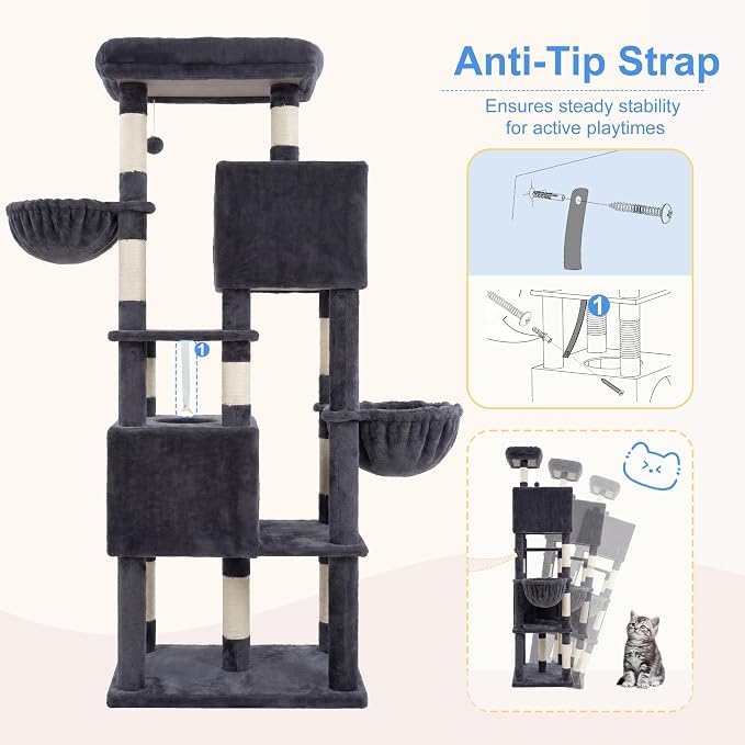 Heybly 68.1" Cat Tree with Oversized Top Platform & Wide Base HCT059G | Heavy Duty Cat Tower for Large Indoor Cats with 2 Condos, 2 Hammocks, 10 Sisal Scratching Posts, Stable Cat House, Smoky Gray