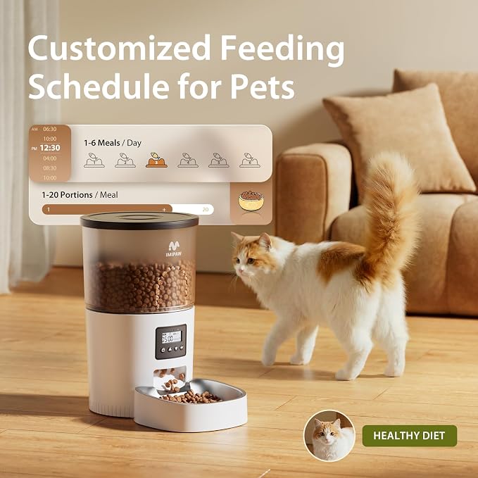 IMIPAW Automatic Cat Feeder, 3L Timed Pet Dry Food Dispenser with Clog-Free Design, Auto Feeder for Cats, 1-6 Meals Per Day, Desiccant Bags, with Stainless Steel