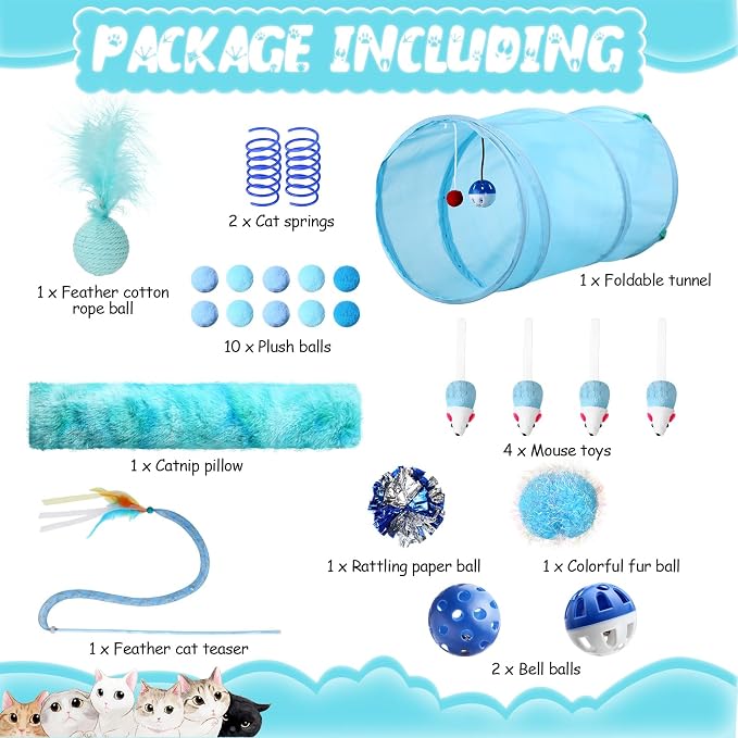 Foilswirl 24 Pcs Cat Toys Set Interactive Kitten Toys Pack Including Collapsible Play Tunnel Feather Teaser Wand Fuzzy Ball Springs Pillow Mouse Bells for Indoor Cats Puppy(Blue,Classic)