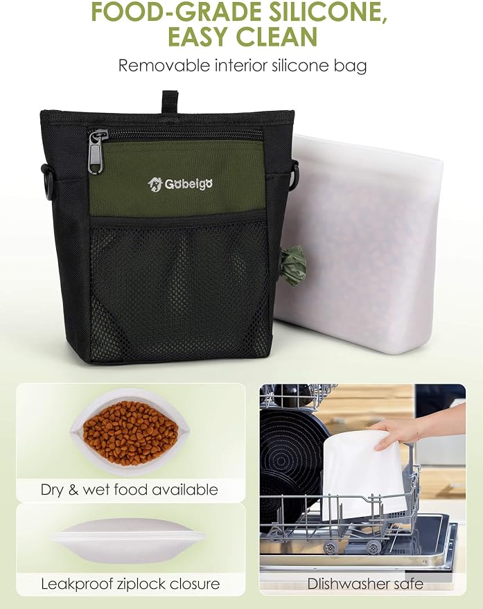 4 Cup Dog Treat Pouch with Silicone Insert Bag& Clicker(Army Green) | 2 Pair Magnetic Closures, Belt Clip/Waist Belt/Crossbody Wear, Zipper Pocket Poop Bag Holder for Pet Training/Daily Walking