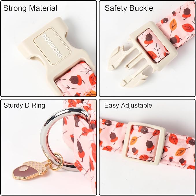DOGWONG Fall Hazelnut Maple Dog Collar- Pink Fall Holiday Dog Collars Adjustable Autumn Leaf Dog Collar for Small Medium Large Dogs M