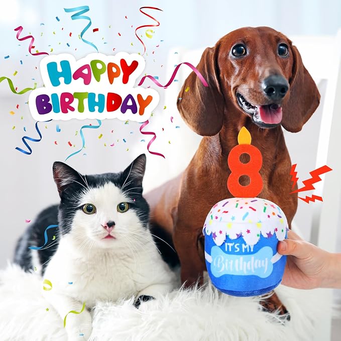 Dansydaisy Dog Birthday Cake Toy Squeaky Plush Toy for Girl Boy Gifts, Chew Accessories for Dog Birthday Party Decor Favor for Large, Medium and Small Dogs(8th,Blue)