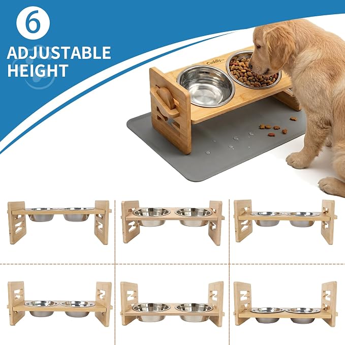 Elevated Dog Bowls for Small Dogs & Cats, Adjustable Raised Dog Bowl Stand with 6 Heights, 15° Tilt, Spill-Proof Silicone Mat, 2 Stainless Steel Bowls, Bamboo Feeder