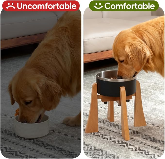 Solid Wood Elevated Dog Bowl Stand with Adjustable Width, 12-Inch Raised | Fits 6.3-7.8 Inch Dog Food & Water Bowls, Non-Slip Base, Ergonomic Design for Corgis, Beagles, Medium Breeds, Stand Only