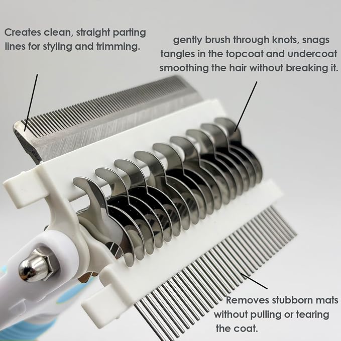 3-IN-1 Pet Grooming Brush, Undercoat Rake, Dematting Comb & Deshedding Tool | Blue Shedding Control Tool for Long Haired Dogs and Cats, Tangles & Loose Fur, Reduces Shedding & Prevents Hair Mess Removal