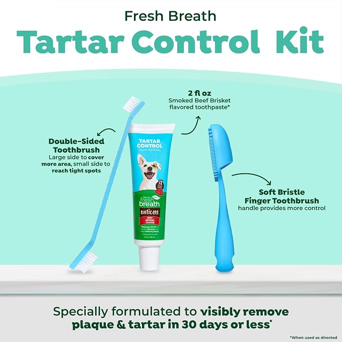 TropiClean Fresh Breath Oral Care Kit - Soft Bristle Finger Toothbrush - Dog Tooth Brushing Kit - Beef Brisket Flavor Dog Toothpaste
