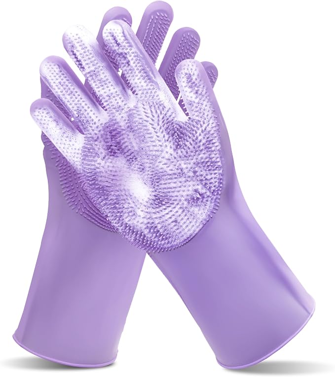 Pet Grooming Gloves—Dog Washing Gloves with High-Density Teeth | Dog Bath Scrubber with Enhanced Five Finger Design, Silicone Gloves for Dogs and Cats Bathing, Massage (Purple)