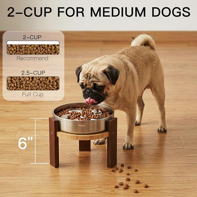 Feedoo Elevated Dog Bowl Stand, 6'' Height Raised Stand for Medium Dogs, Includes 2Cups Stainless Steel Slow Feeder Dog Bowl, Durable Solid Hardwood