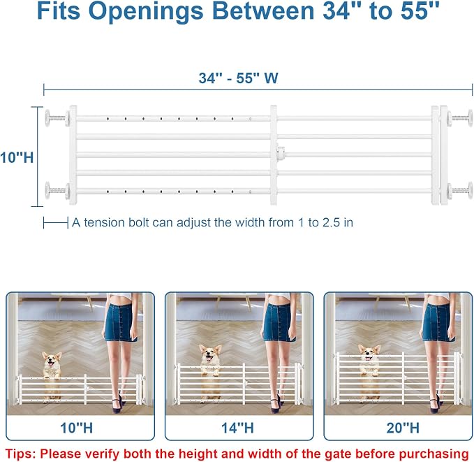 Malier Indoor Dog Gate with Door, 34-55" Extra Wide Full Metal Pet Gate Short Dog Gate for Stairs, Pressure Mount 10'' Tall Small Puppy Low Gate Easy Step Over for Doorways