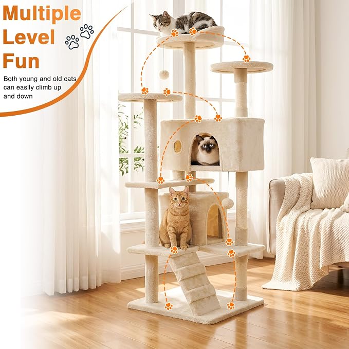FDW | 54" Cat Tree Tower | Beige | Multi-Level Indoor Activity Center | with Sisal Scratching Posts, Condos, Plush Perches, Hanging Cat Toys | Sturdy, Easy to Assemble | for Kittens & Adult Cats