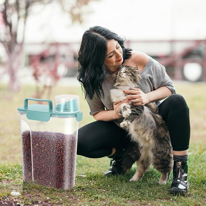 LEAWALK 5-7Lbs Dog Cat Storage Container Portable with Upgraded Large Spout and Cup, Plastic Pet Food Dispenser for Small Animal Kibble, Bird Seed, Oatmeal, Rice, Flour, Brown Sugart- Elegant Blue