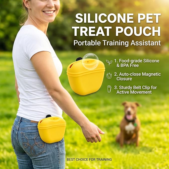 Dog Treat Pouch for Training, Silicone Dog Treat Bag with Strong Clip, Hands-Free Puppy Training Treat Holder, Portable Pet Snack Pouch for Walking, Agility, Obedience Training & Outdoor Use