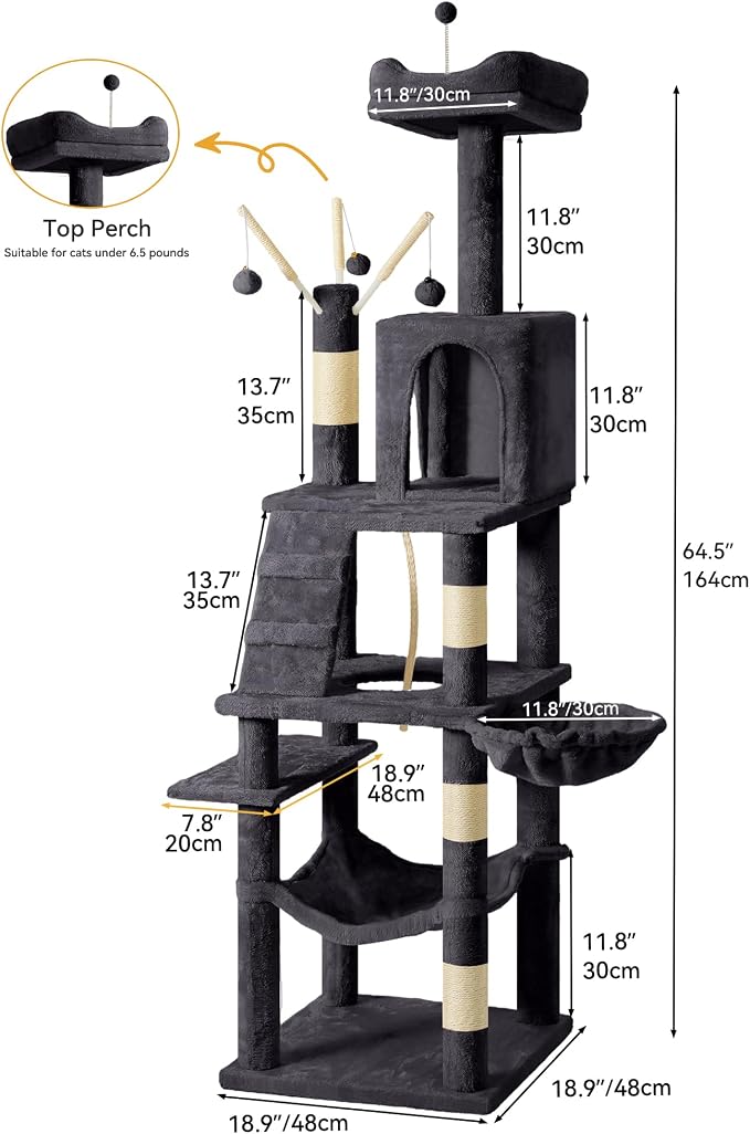 YITAHOME 64.5" Cat Tree, Multi-Level Cat Tower | Large Cat Condo Furniture with Perch Hammock, Scratching Posts and Dangling Balls, Dark Gray