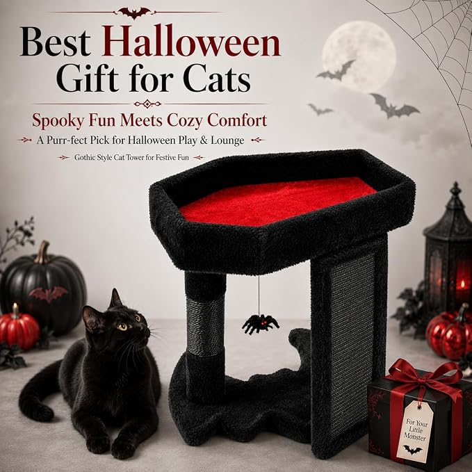 Gothic Cat Tree Tower with Coffin Cat Bed for Indoor Cats, Halloween Spooky Cat Scratcher,Goth Cat Tree with Sisal Scratchig Post and Spider Dangling Toys,Black with Red