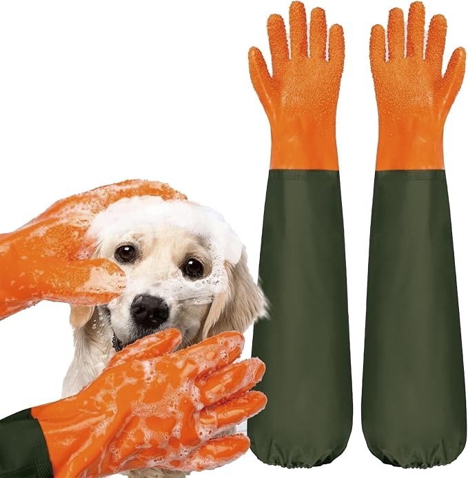 YOFANG Pet Grooming Gloves for Washing Dogs & Cats, 27.6" Extra Long Waterproof Rubber Bath Gloves, Anti-Bite Anti-Scratch Hair Removal Cat Bath Glove with Soft 3500+ Particles, Orange/Green