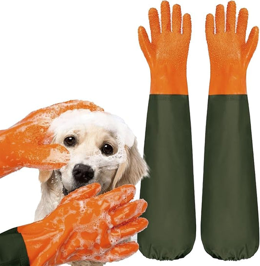 YOFANG Pet Grooming Gloves for Washing Dogs & Cats, 27.6" Extra Long Waterproof Rubber Bath Gloves, Anti-Bite Anti-Scratch Hair Removal Cat Bath Glove with Soft 3500+ Particles, Orange/Green